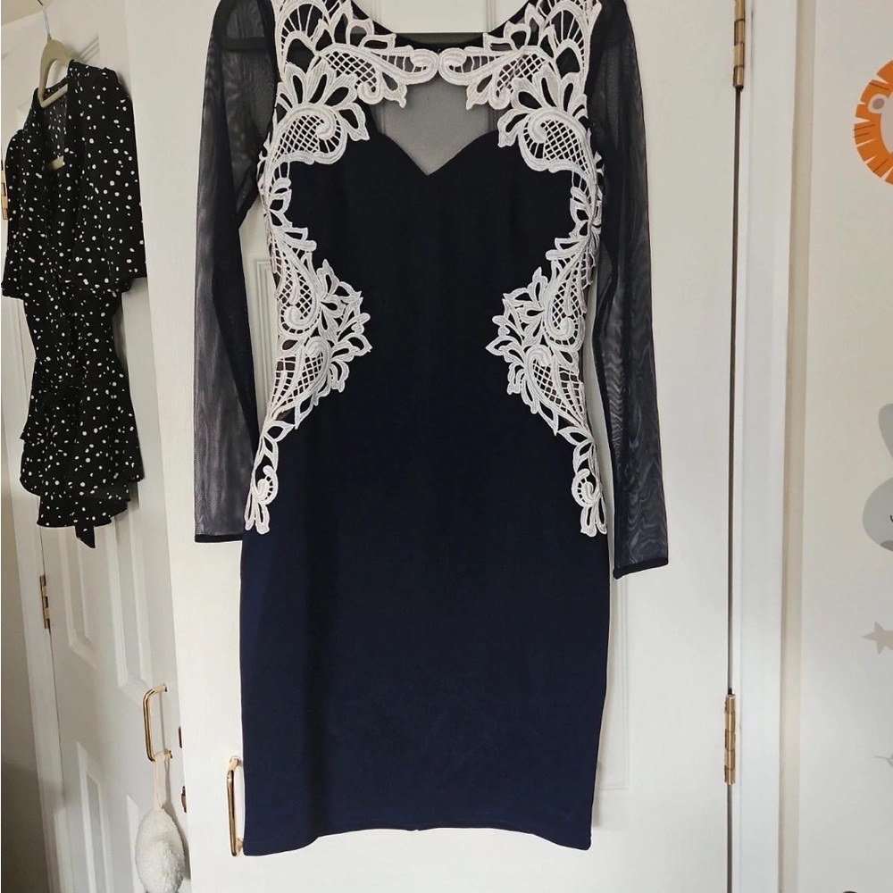 Lipsy Navy Dress with White Lace Accents
